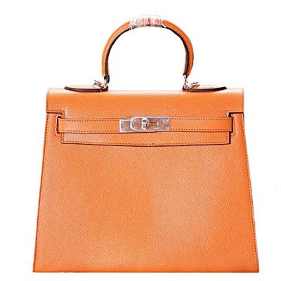  Chic Women's Orange Hermes Kelly Small Leather Flap Tote Bag Silver Hardware Signal Handle 