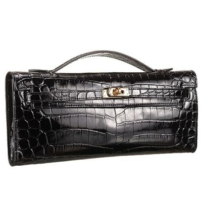 Hermes Kelly High End Black Crocodile Leather Golden Buckle Womens Longue Clutch Red Carpet 