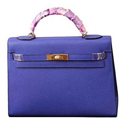 Hermes Kelly Sapphire Blue Ladies Silk Twining Handle Yellow Brass Buckle Wide Base Totes For Sale 