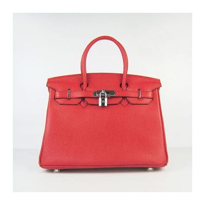 Red Leather Hermes Birkin Silver Lock Female Belt Flap Tote Bag Base With Bolts 30CM