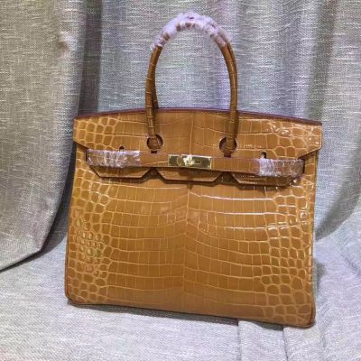 Perfect Hermes Birkin Narrow Rounded Top Handle Brown Crocodile Leather Golden Buckle  Tote Bag 