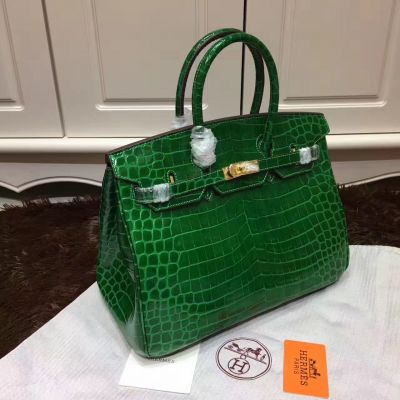 Women's 35CM Hermes Winter Kapea Belt Green Crocodile Leather Birkin Handbag Golden Hardware Online 