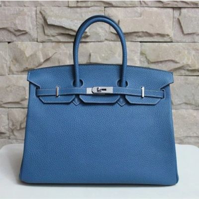 High Quality Togo Leather Ladies Silver Buckle Hermes Birkin Top Handle Flap Tote Bag Steelblue 