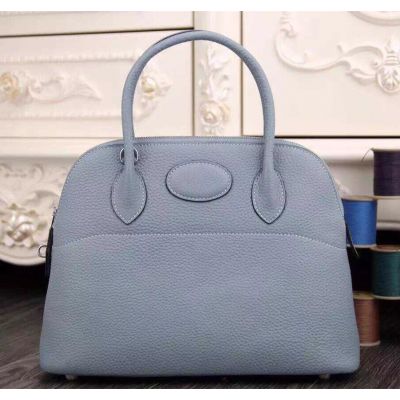 Good Review Light Blue Hermes Bolide Togo Leather Trapezoid Shoulder Bag Leather Trimming For Womens 