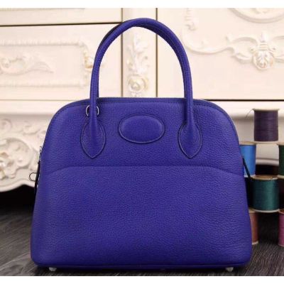 Elegant Hermes Bolide Leather Trimming Narrow Zipper Closure Wide Protective Base Sapphire Blue Leather Totes 