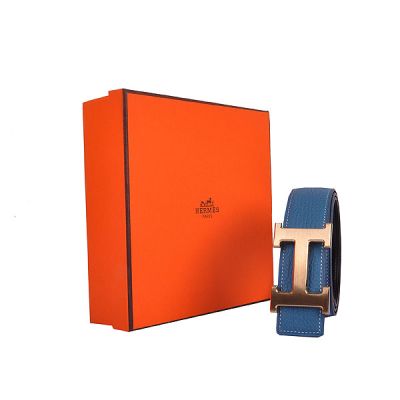 Hermes Fashion Rose Gold "H" Pin Buckle Reversible Calfskin Leather Strap Mens Baby Blue Casual Belt 