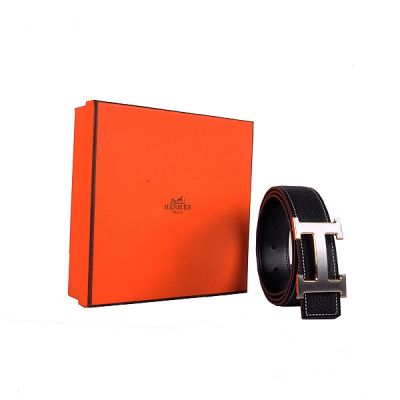 Top Sale Hermes Black Calf Leather Strap Silver Logo Buckle With Gold Edge Fashion Mens Fake Belt 