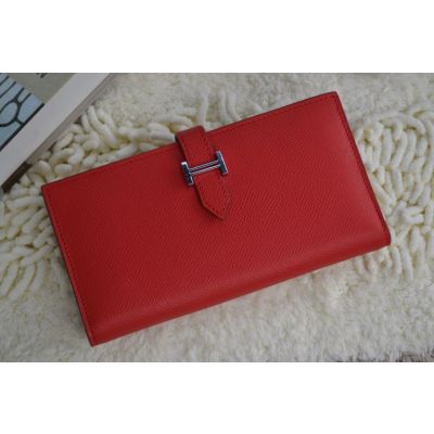 Hot Selling Hermes Bearn Silver H Buckle Calf Leather Gusset Long Wallet Red Online Replica 