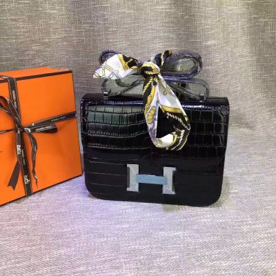 Hermes Constance Sexy Black Crocodile Silver H Buckle Ladies Flap  Handbag New York 