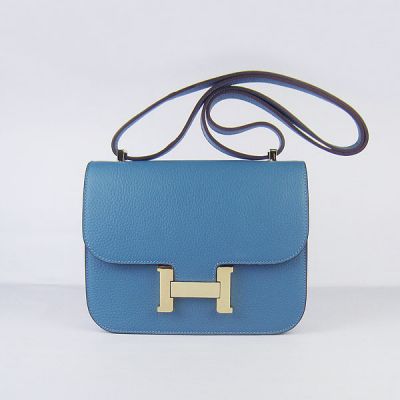 Hermes Blue Togo Leather Constance Flap Shoulder Bag Yellow Gold Plated H-shaped Buck Saddle Bag 