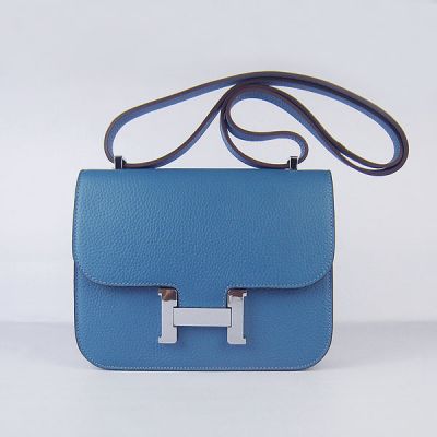  Silver H Buckle Hermes Curved Base Womens Flap Shoulder Bag Blue Togo Leather Online 