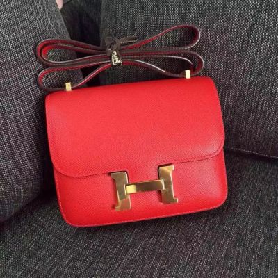 Red Epsom Leather 23CM Hermes Constance Flap Shoulder Bag Yellow Brass Hardware Saddle For Girls 