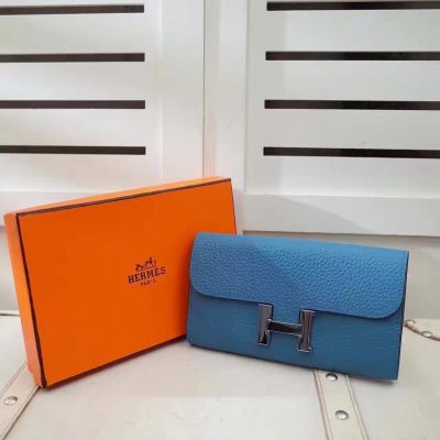 Women's Blue Togo Leather Hermes Constance Long Flap Wallet Good Price Online 