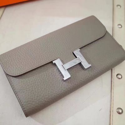 Fashion Etoupe Hermes Silver Logo Snap Button Long Togo Leather Constance Wallet Curved Flip-over Flap 