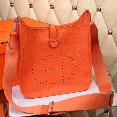 Fashion Orange Togo Leather Hermes Evelyne III Ladies Slim Flap Saddle Bag H056276CK9J Adjustable Cloth Strap 