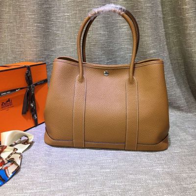 High Quality Brown Grained Leather Hermes H051559CK18 Medium Garden Party Tote Bag Silver Snap Buckle 
