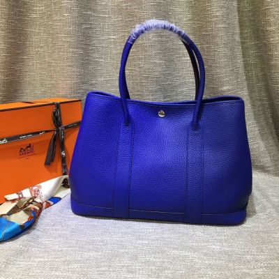 Sapphire Blue Chic Hermes Garden Party Silver Snap Button Soft Leather 36CM Medium Tote Bag 