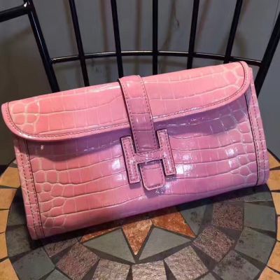Good Reviews Hermes Jige Coco Pink Flap Clutch  28CM H Leather Loop For Girls 
