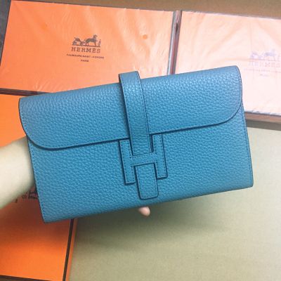 Classic Stellblue Grained Togo Leather Hermes Jige Long Wallet H Logo Loop 22CM For Womens 