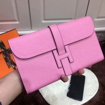 High Quality Hermes Leather Logo Loop Pink Togo Leather Jige Wallet Flap Evening Bag Replica 