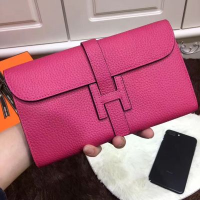 Long Party Style Women's Hermes Rose Togo Leather Jige Wallet Small Flip-over Flap Silver Hardware 
