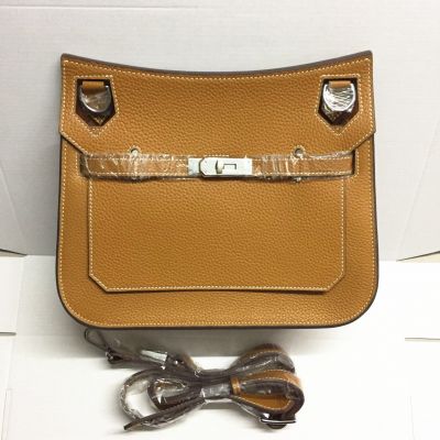 Women's 28CM Brown Hermes Jypsiere Flap Crossbody Bag Leather Belt With Silver Buckle Topstitching Edge 