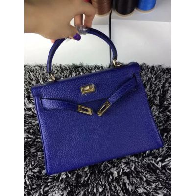 Hermes Kelly 25CM Ladies Fashion Top Handle Flap Tote Bag Gold Plated Buckle Sapphire Blue 