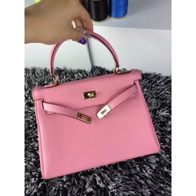 Hermes Kelly 25CM Pink Togo Leather Ladies Flap Tote Bag Gold Plated Hardware For Girls 