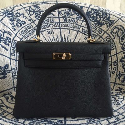 Best 28CM Chic Hermes Kelly JF30828928108000 Togo Leather Black Ladies Golden Plated Buckle Totes 