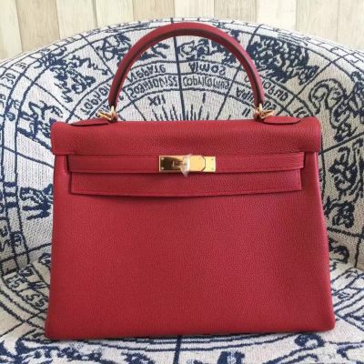 Hermes Kelly Red Togo Leather Ladies A-shaped Top Handle Flap Tote Bag Golden Buckle Usa 