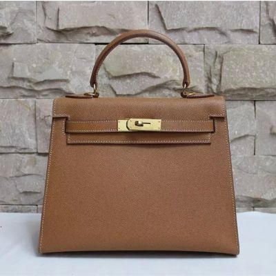 Top Sale Hermes Kelly Golden Buckle Brown Epsom Leather Top Handle Winter Flap Handbag 