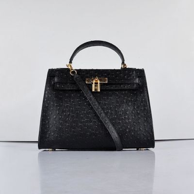 Hermes Kelly 32 CM Womens Ostrich Textured-leather Black Top Handle Golden Hardware Totes  