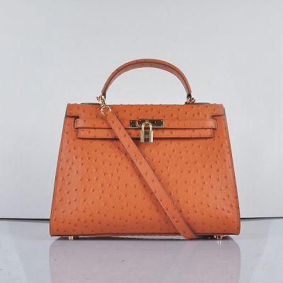 Top Sale Hermes Kelly Ostrich Textured-leather Orange Small Flip-over Flap Shoulder Bag Golden Hardware 