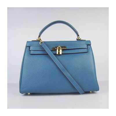Hernes Kelly Blue Togo Leather Female Faux Handbag Flip-over Flap Single Flat Handle Golden Sale 