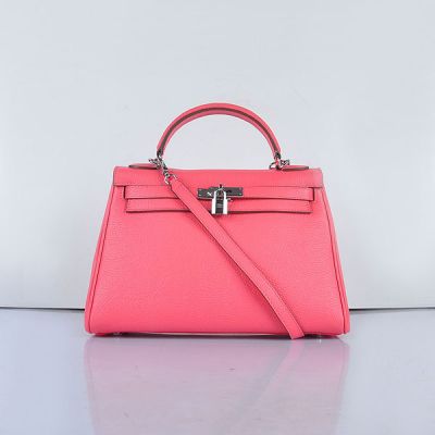 32CM Fashion Top Handle Hermes Kelly Silver Hardware Togo Leather Pink Handbag Strap With Buckle 