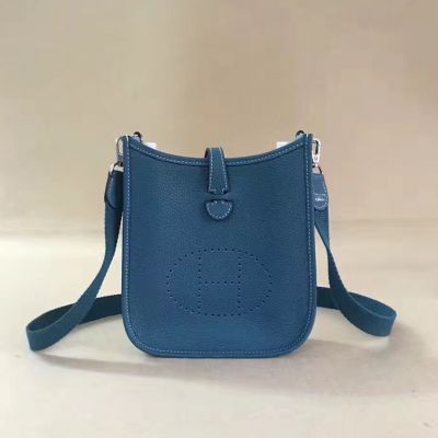 Cheapest Hermes Evelyne Steelblue Meniscate Opening Ladies Leather TPM Saddle Bag Logo Perforated Plaque  