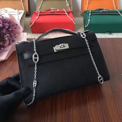 2017 Hot Selling Black 22 CM Hermes Kelly Epson Leather Totes Silver Chain Strip