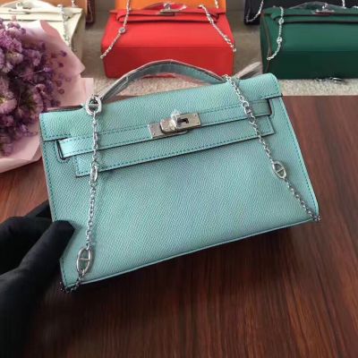 Hermes Kelly Flat Handle Flap Tote Bag Leather Strap With Silver Turn-lock Light Blue Replica 