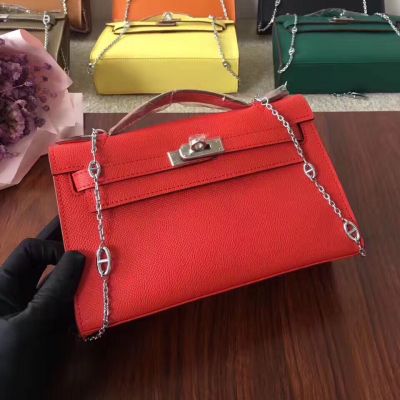 AAA Quality Hermes Kelly Ladies Wide Base Top Handle Silver Chain & Lock Red Leather Flap Bag 
