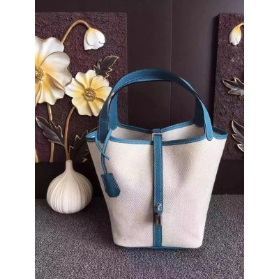 Women's Hermes Picotin High End Canvas White-Blue Shopping Tote Bag Side Belt With Silver Lock 