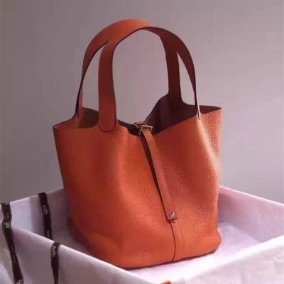  New In Box Hermes Wide Flat Top Handle Orange Togo Leather Picotin Lock Bag 