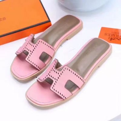 Hermes Womens Calfskin Leather Perforated Logo Style Flat Oran Sandals Summer Waterproof Slides Shoes Multicolor  H171062Z 90350