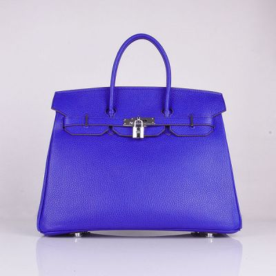 Fashion Electric Blue Hermes Birkin A-shaped Flip-over Tote Bag Belt With Silver Lock Togo Leather 