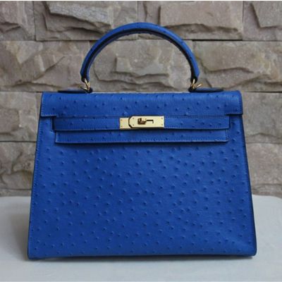 Women's Sapphire Blue Ostrich Grained Leather Hermes Kelly Top Handle Tote Bag Gold Plated Hardware 