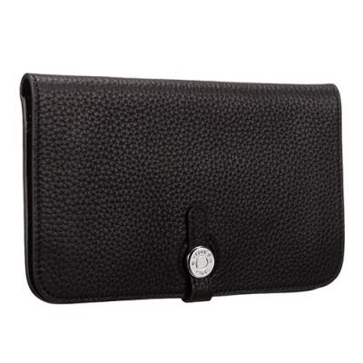 AAA Quality Hermes Dogon H043070CK2Z Black Grained Leather Bi-fold Long Wallet Small Silver Round Buckle 