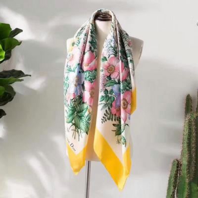 Dior High Quality Multicolored Flowers Printing Yellow Edging Ladies Square Silk Twill Scarves Online