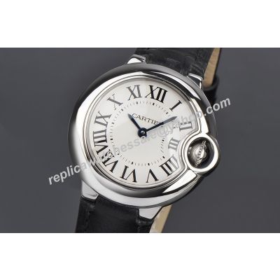 White Dial Ballon Bleu de Cartier Silver Steel Leather Band Watch 