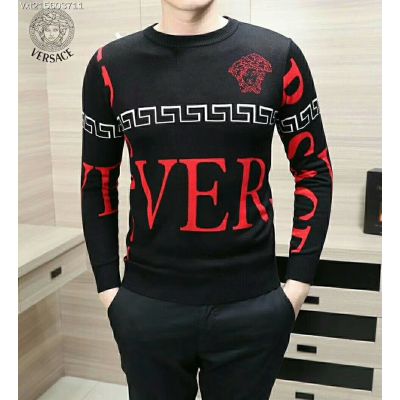 High Quality Versace Embroided Medusa Greca Border Detail Oversized Red Letters Mens Black Wool Sweater  