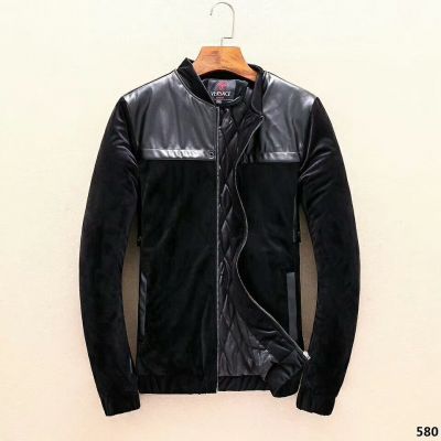 Hot Selling Versace Black Leather & Pleuche Patchwork Silver Zipper Winter Medusa Dress Jacket For Mens 