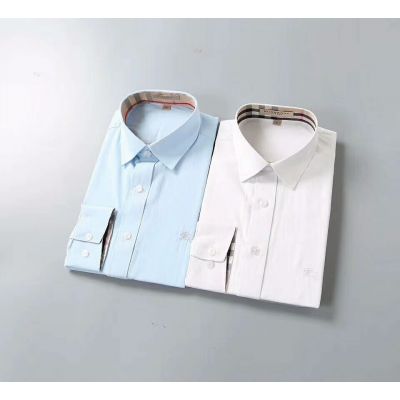 Burberry Check & Equestrian Knight Details Mens Long-Sleeve Cotton Shirts White/Light Blue For Formal Outfits